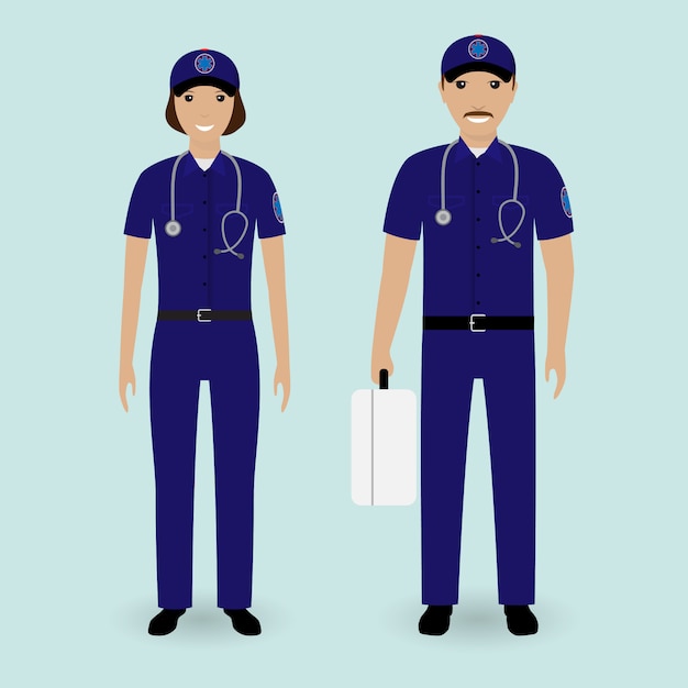 Vector concepto de personal hospitalario. equipo de ambulancia paramédicos. empleado de servicios médicos de emergencia masculinos y femeninos