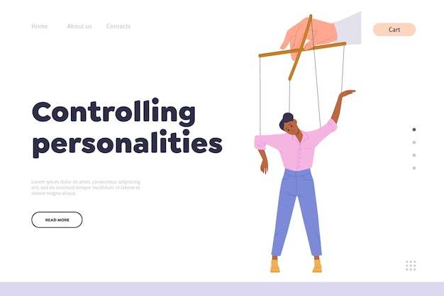 Concepto de personalidades controladoras para la plantilla de página de destino Mano de abusador sosteniendo a una mujer marioneta personaje de marioneta colgado en el diseño de cuerdas Ilustración de vector de sitio web de manipulación y dominación