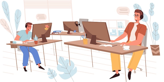 Vector concepto de personas de call center en moderno diseño plano. los operadores de soporte técnico en auriculares responden llamadas o chatean, trabajan en computadoras en la oficina, escena personal. ilustración de vector de banner web