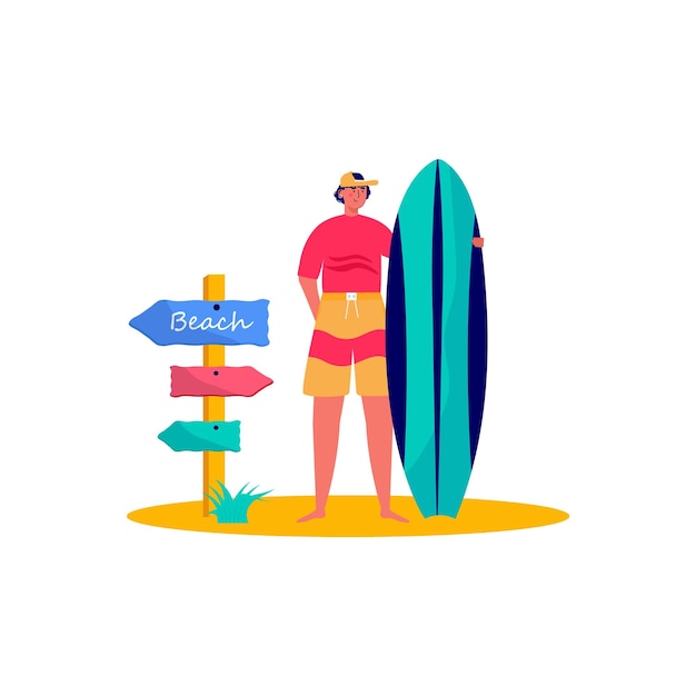 Vector concepto de personas que practican surf con tablas de surf viajan hombres jóvenes que disfrutan de vacaciones en el océano concepto de deportes de verano y actividades de ocio al aire libre caminar vector plano