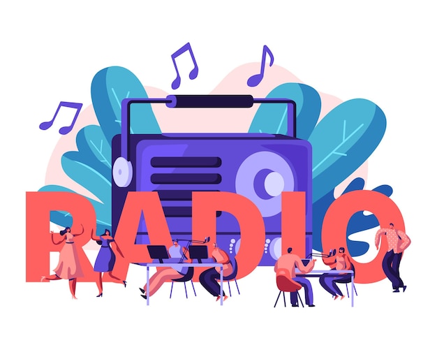 Concepto de personas y radio. Ilustración plana de dibujos animados
