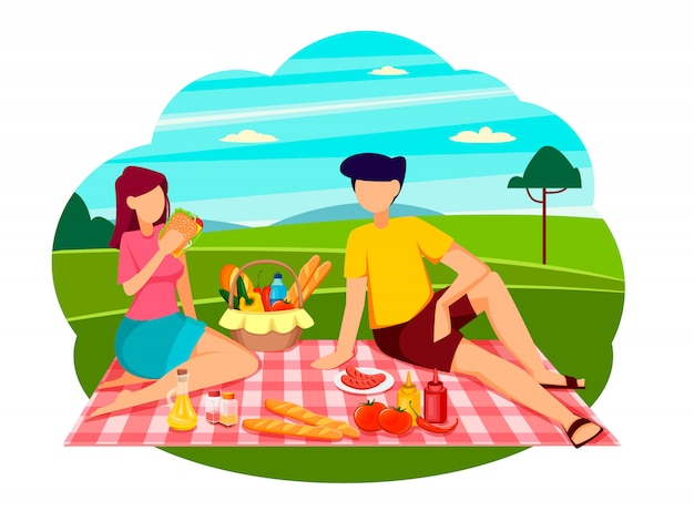 Vector concepto de picnic de verano, pareja romántica