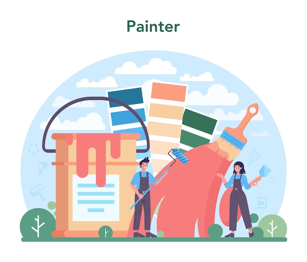 Vector concepto de pintor las personas en el uniforme pintan la pared con un rodillo de pintura y enyesan una pared con una espátula decorador de paredes renovando una casa ilustración plana vectorial