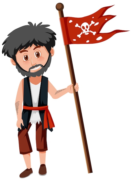 Vector concepto pirata con un hombre que sostiene el jolly roger aislado sobre fondo blanco.