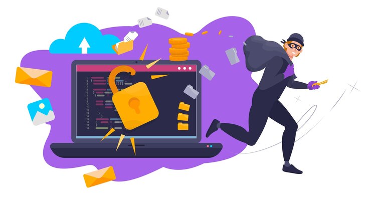 Vector concepto de piratería de cuentas ataque en línea del sistema informático robo de dinero y datos pirata informático ladrón