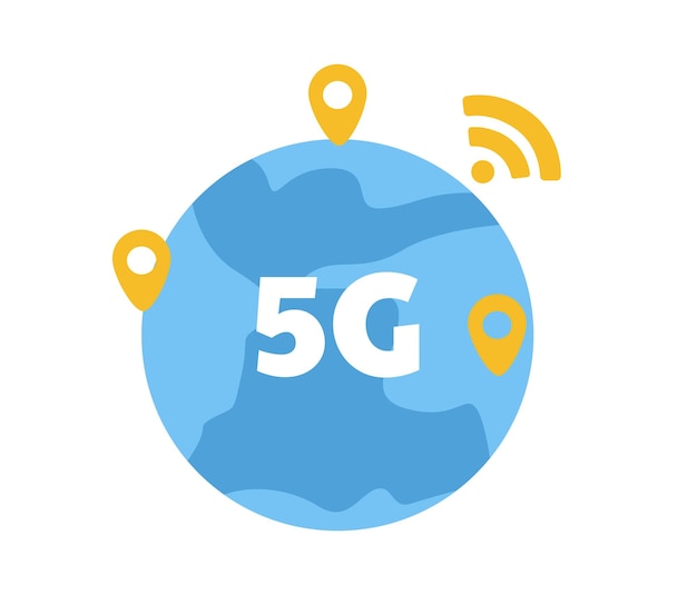 Concepto de planeta de dispositivo 5g dispositivo moderno para conexión inalámbrica globalización y comunicación global plantilla y diseño ilustración de vector plano de dibujos animados aislado sobre fondo blanco