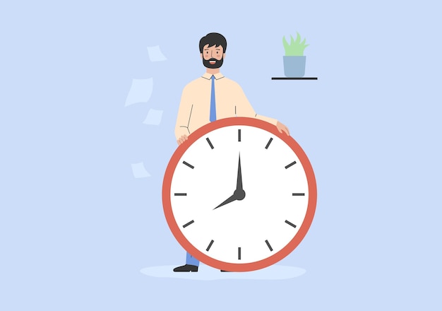 Concepto de planificación empresarial Programación Cumplimiento de plazos Gestión del tiempo Establecimiento de tareas prioritarias El hombre de negocios se encuentra cerca de un reloj enorme en la ilustración vectorial de estilo plano de dibujos animados de la oficina