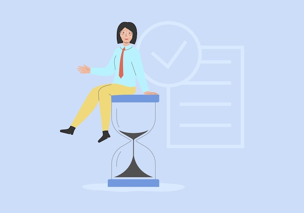 Concepto de planificación empresarial programación cumplimiento de plazos gestión del tiempo establecimiento de tareas prioritarias mujer de negocios sentada en reloj de arena en la oficina ilustración de vector de estilo plano de dibujos animados