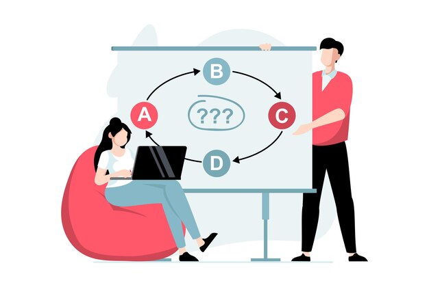 Concepto de planificación estratégica con escena de personas en diseño plano Hombre y mujer analizan procesos de negocio crean nuevas soluciones e innovaciones Ilustración vectorial con situación de carácter para web
