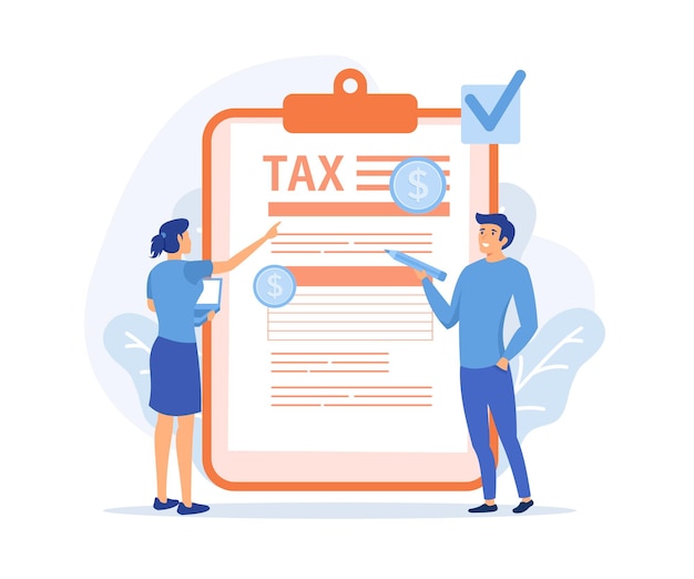 Concepto de planificación fiscal Personajes que utilizan el calendario fiscal para rellenar el formulario de declaración de impuestos en línea y con asesoramiento financiero ilustración moderna de vector plano
