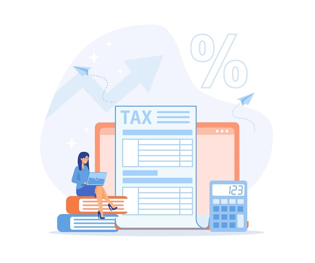 Concepto de planificación fiscal Personajes que utilizan el calendario fiscal para rellenar el formulario de declaración de impuestos en línea y con asesoramiento financiero ilustración moderna de vector plano
