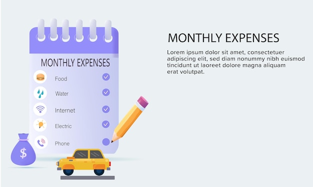 Concepto de planificación de gastos mensuales familiares con lista de gastos vector ilustración