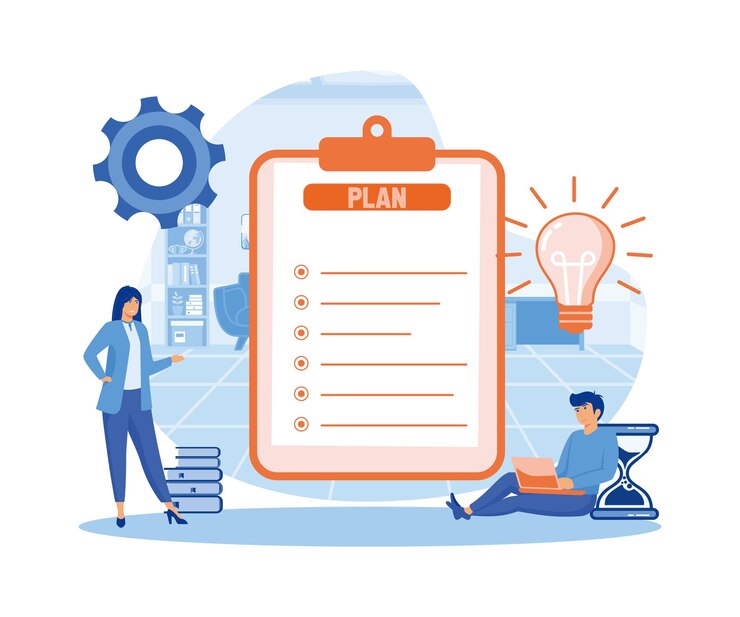 Vector concepto de planificación de negocios presentación de negocios aplicación de tareas trabajo en equipo reunión de vector plano ilustración moderna