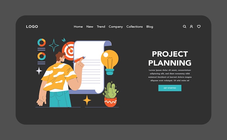 Vector concepto de planificación del proyecto profesional que esboza los pasos en los objetivos del plan y la innovación en el foco