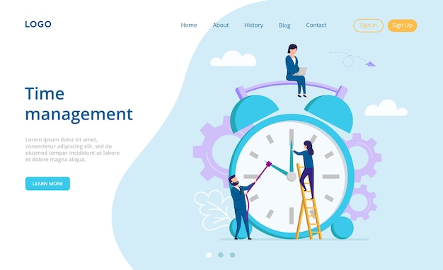 Concepto de planificación y trabajo en equipo. Página de destino del sitio web. Personajes masculinos y femeninos que intentan hacer retroceder el tiempo en un gran despertador. El tiempo es dinero y gestión. Página web en estilo plano.