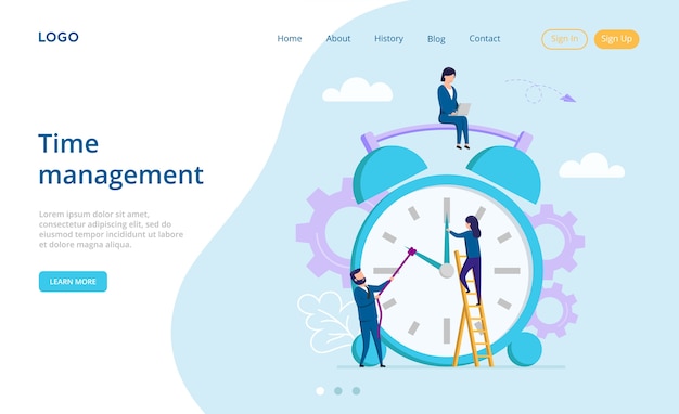 Concepto de planificación y trabajo en equipo. página de destino del sitio web. personajes masculinos y femeninos que intentan hacer retroceder el tiempo en un gran despertador. el tiempo es dinero y gestión. página web en estilo plano.