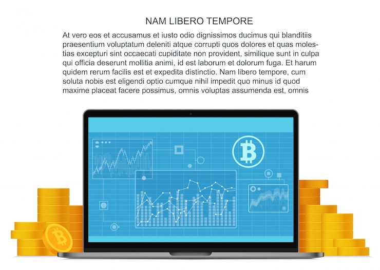 Vector concepto plano de bitcoin con laptop y monedas de oro. financiamiento en línea. inversiones de bitcoin y tecnología blockchain.