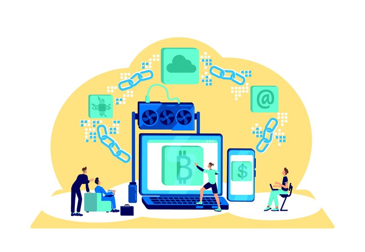 Vector concepto plano blockchain. transacción financiera segura. billetera electrónica para moneda. personajes de dibujos animados 2d de minero de criptomonedas para diseño web. idea creativa de criptografía