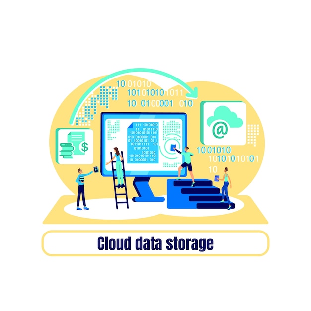 Concepto plano del centro de datos. frase de almacenamiento de datos en la nube. plataforma online. servicio de hospedaje. computación ilustración de dibujos animados 2d para diseño web. idea creativa de código binario