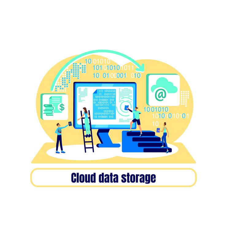Vector concepto plano del centro de datos. frase de almacenamiento de datos en la nube. plataforma online. servicio de hospedaje. computación ilustración de dibujos animados 2d para diseño web. idea creativa de código binario