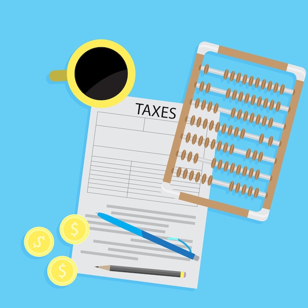 Concepto plano de declaración de impuestos Formulario de impuestos con calculadora de café y ábaco Contabilidad y impuestos monetarios e impuestos dinero Ilustración vectorial