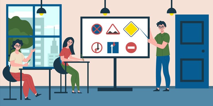 Vector concepto plano de la escuela de conducción con estudiantes aprendiendo señales de tráfico en la ilustración de vector de clase