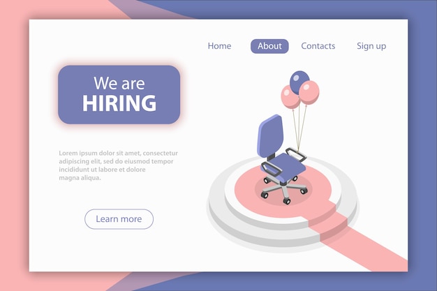 Concepto plano isométrico de contratación de empleados, puesto abierto, sillón vacío, contratación de trabajo.