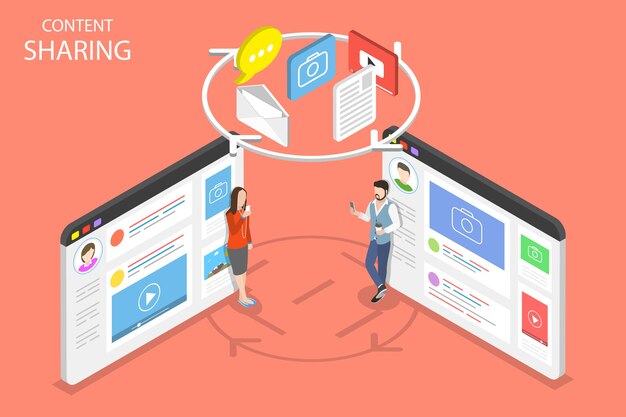 Concepto plano isométrico de intercambio de contenido, intercambio de información, red social.