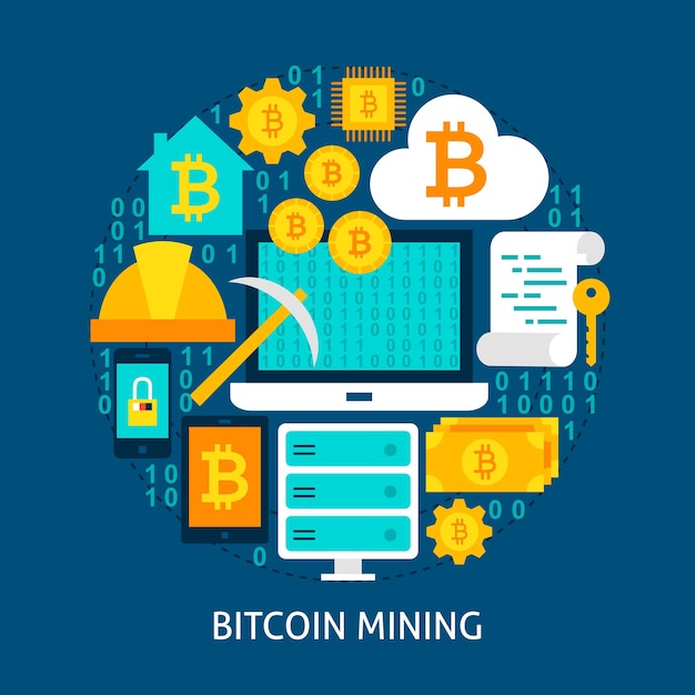 Concepto plano de minería de bitcoin. ilustración de vector de diseño de cartel. conjunto de objetos de criptomonedas.