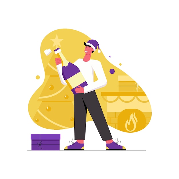 Concepto plano moderno de actividad navideña e invernal. Hombre feliz sosteniendo una botella y abriendo champán en la fiesta. Celebración navideña en el evento. Ilustración de vector con escena de personas para diseño de banner web