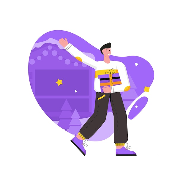 Concepto plano moderno de actividad navideña e invernal. El hombre feliz sostiene un regalo y saluda con la mano. Preparaciones tradicionales de vacaciones. Ilustración de vector con escena de personas para diseño de banner web
