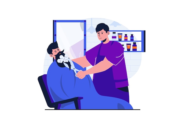 Concepto plano moderno de barbería para diseño de banner web barber ha enjabonado la barba y los cortes del cliente