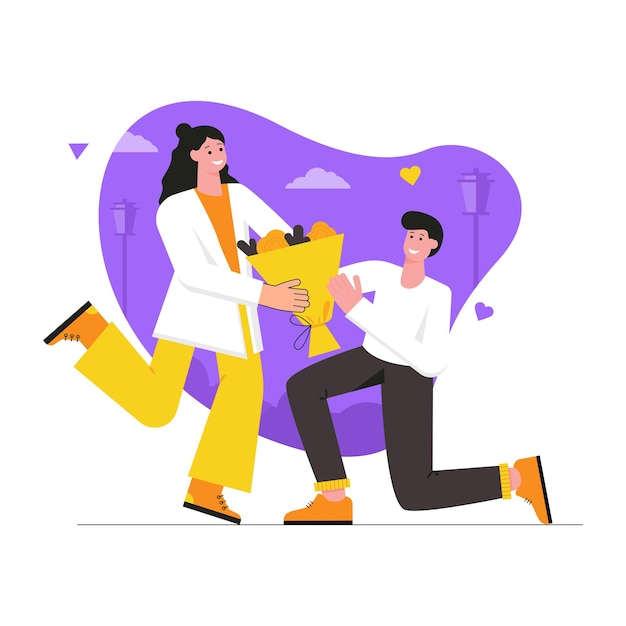 Concepto plano moderno de celebración del día de San Valentín. Hombre cariñoso dando ramo de flores a mujer feliz. Pareja enamorada en una cita romántica. Ilustración de vector con escena de personas para diseño de banner web