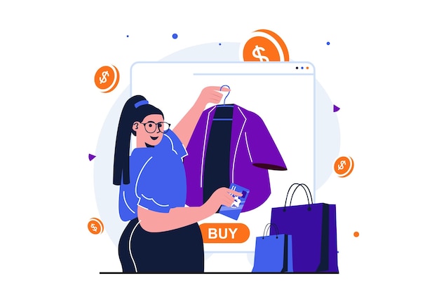 Concepto plano moderno de compras en línea para diseño de banner web el comprador tiene una chaqueta elegante y quiere