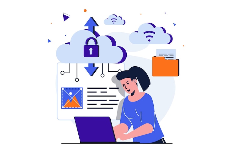 Vector concepto plano moderno de computación en la nube para diseño de banner web mujer trabajando en archivos de procesamiento de portátiles
