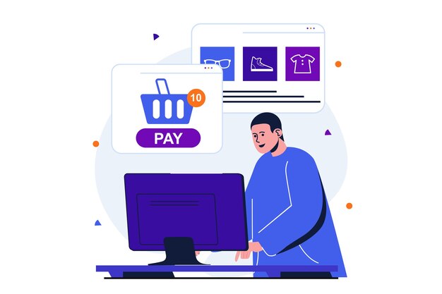 Concepto plano moderno de pago en línea para el diseño de banner web el cliente realiza compras en la tienda en línea