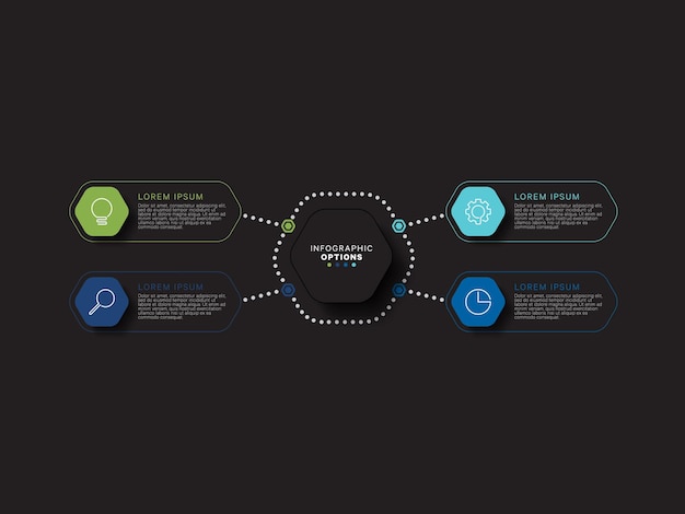 Concepto de plantilla de infografía empresarial con elementos realistas hexagonales en colores planos en un negro