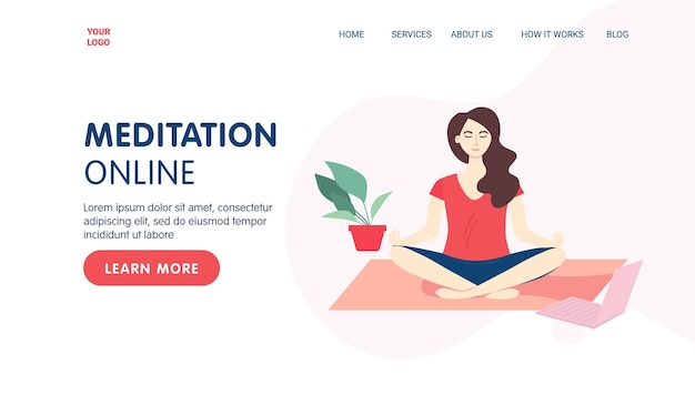Concepto de plantilla de página de destino de yoga y meditación en línea Mujer sentada en casa y meditando
