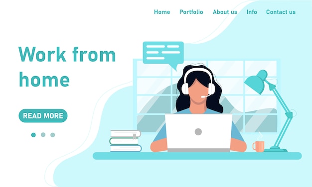 Concepto de plantilla de sitio web y trabajo desde el banner de inicio. Chica independiente en auriculares en una computadora portátil trabaja desde el chat de la oficina en casa, atención al cliente, capacitación. gráficos en un estilo plano en colores azules