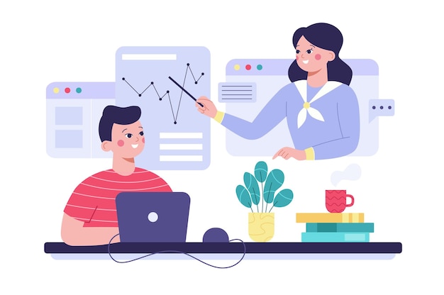 Concepto de plataforma de aprendizaje electrónico y aprendizaje a distancia Estudiante aprendiendo en una computadora portátil Profesor o tutor en exhibición