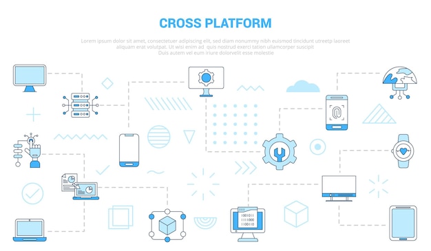 Concepto de plataforma cruzada con banner de plantilla de conjunto de iconos con estilo de color azul moderno