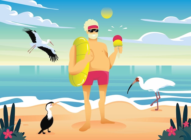Concepto de playa de verano. anciano gordo comiendo un helado con aves ilustración de diseño vectorial