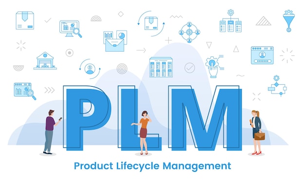 Concepto de Plm con grandes palabras y personas rodeadas de un ícono relacionado con estilo de color azul