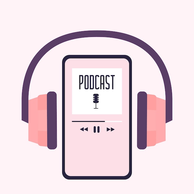 Concepto de podcast auriculares con teléfono ilustración de vector plano