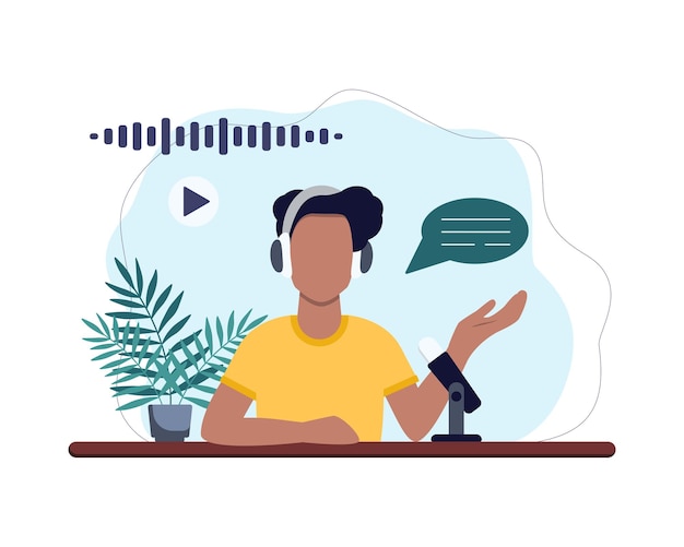 Concepto de podcast. Hombre hablando con la audiencia. Podcaster al aire.