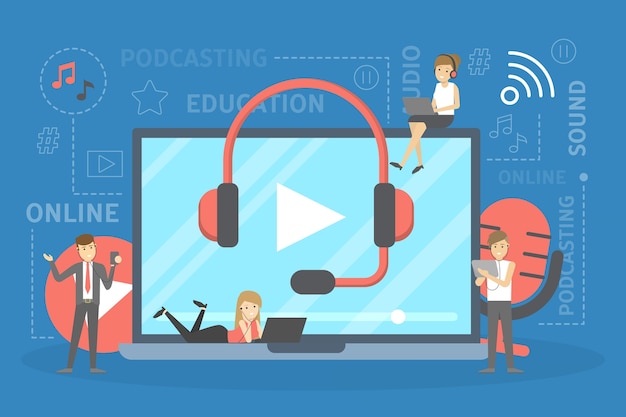 Concepto de podcast. idea de estudio de podcasting y personas en auriculares charlando con micrófono y grabación. medios de radio o digitales. ilustración