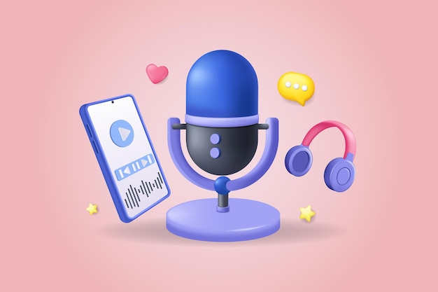 Vector concepto de podcast ilustración 3d composición de iconos con auriculares de micrófono grabando audio