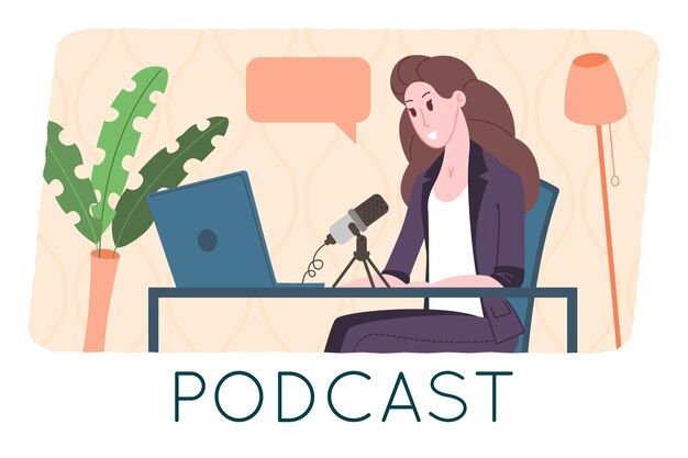 Concepto de podcast. Ilustración de dibujos animados de podcasting. Podcaster hablando por micrófono y grabando podcast de audio o programa en línea. Presentador de radio emite en la radio. Vector ilustración plana.