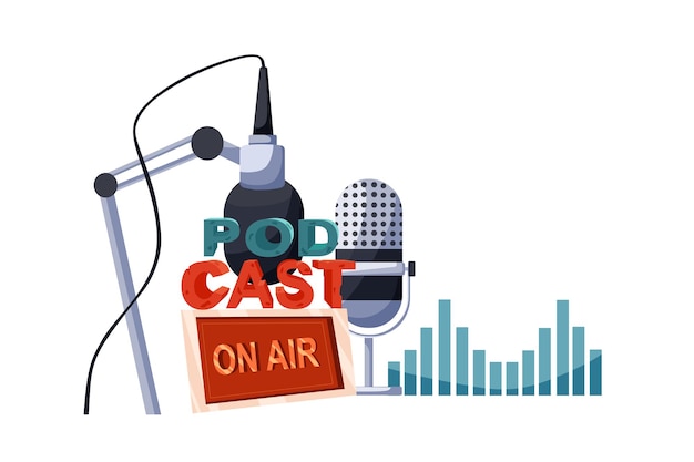 Concepto de podcast. Ilustración de dibujos animados de vector que consta de micrófonos, ondas de sonido y logotipo.