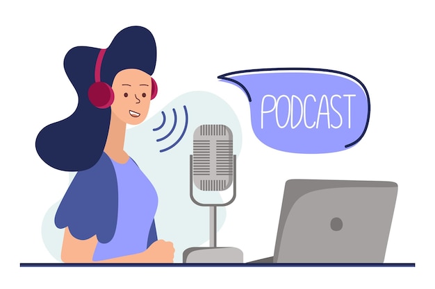 Concepto de podcast Una ilustración sobre el podcast Una niña hablando por un micrófono y sentada